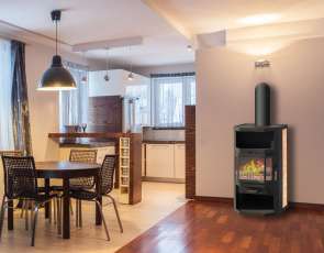 Недорогой стальной камин со стеклом Мета-Бел Ангара фото в интерьере в Гомеле