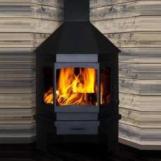 Стальной камин Бавария Мюнхен со стеклом угловой чёрный (без перемычки) фото в интерьере в Гомеле