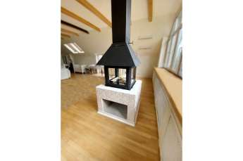 Стальной камин Эклипс островной 4D графит фото в интерьере в Гомеле