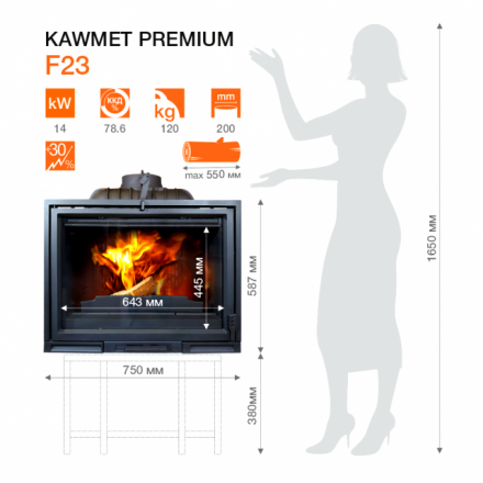 Каминная топка Kawmet Premium F23 (14 кВт) в Гомеле