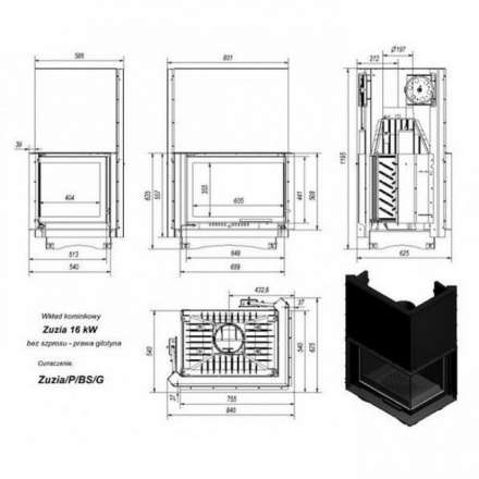 Каминная топка Kratki Zuzia/P/BS/G (угловое стекло справа,гильотина) в Гомеле
