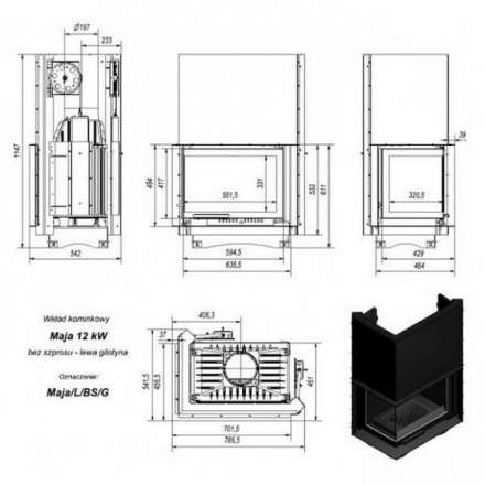 Каминная топка Kratki Maja/L/BS/G (угловое стекло слева, гильотина) в Гомеле