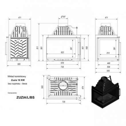 Каминная топка Kratki Zuzia/L/BS (угловое стекло слева) в Гомеле