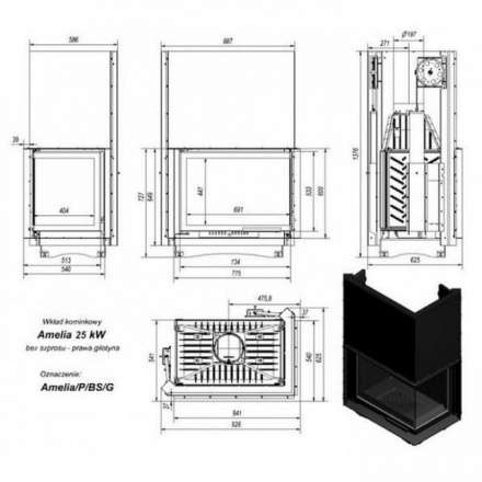 Каминная топка Kratki Amelia/P/BS/G (угловое стекло справа, гильотина) в Гомеле